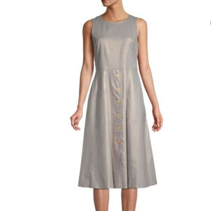 DONNA KARAN NEW YORK Metallic Linen-Blend Midi Dress Front Buttons Beige Sz 14